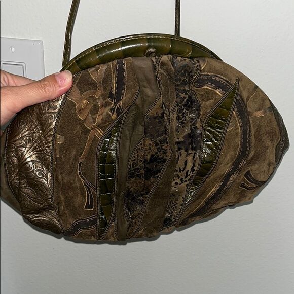 Vintage Brown Leather Patchwork Handbag with strap 80’s clutch or crossbody - Picture 1 of 6